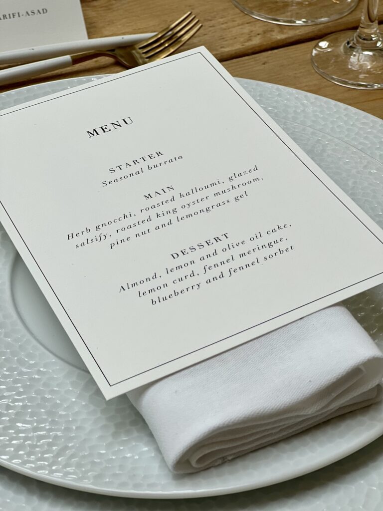 Menu for a wedding meal at Middleton Lodge