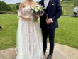 Bride and Groom outside at Kingscote Barn in the Cotswolds