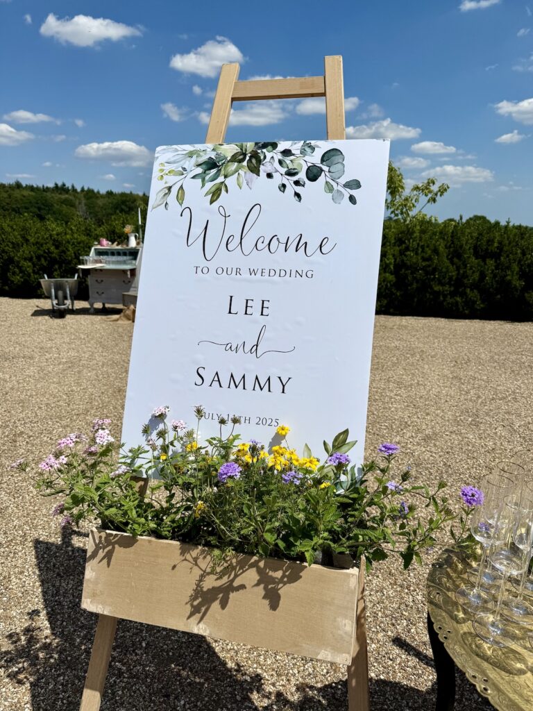 Welcome wedding sign at High Billingshurst Farm in Surrey
