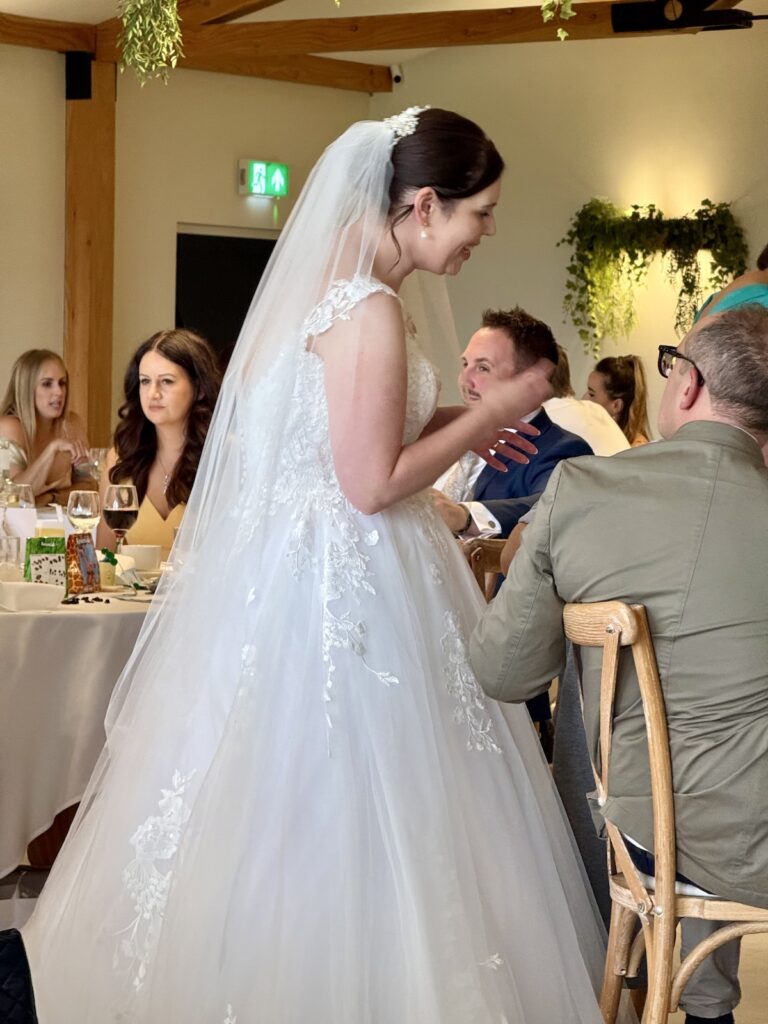 Bride in the wedding meal at Hanbury Barns in Staffordshire