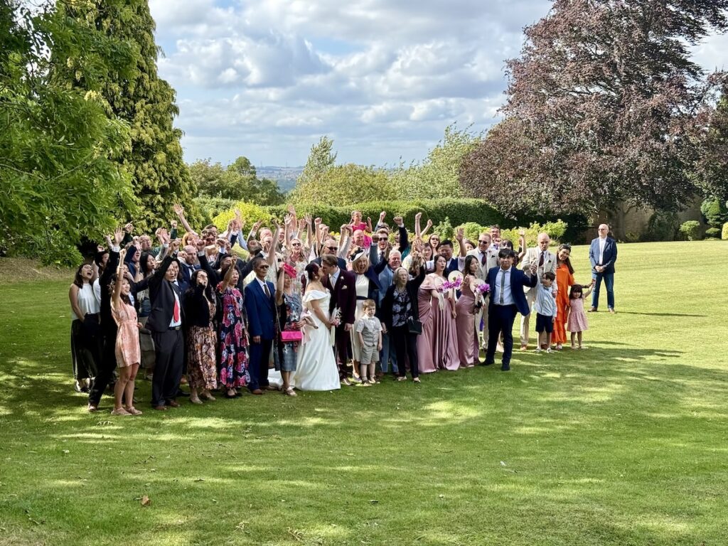 Wedding group photo at Hooton Pagnell Hall in Doncaster South Yorkshire.