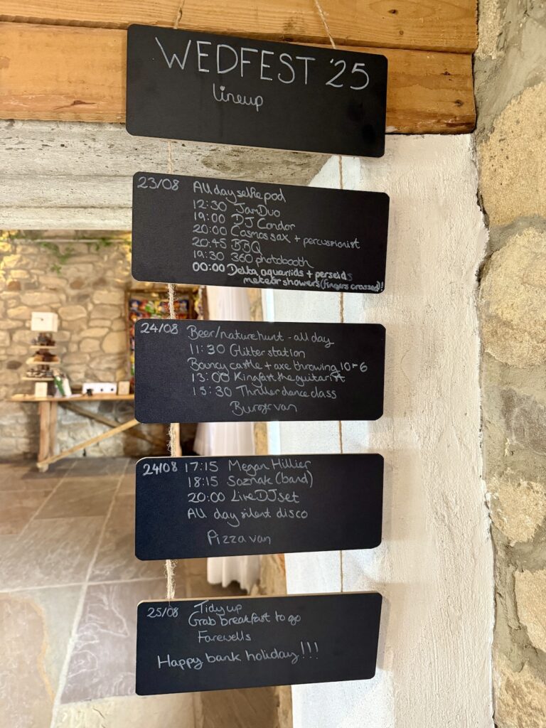 Festival running order for wedding at Northside Farm in Horsley Newcastle
