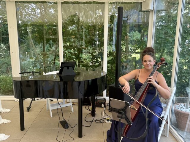 Wedding cellist with piano at Parley Manor in Bournemouth Dorset