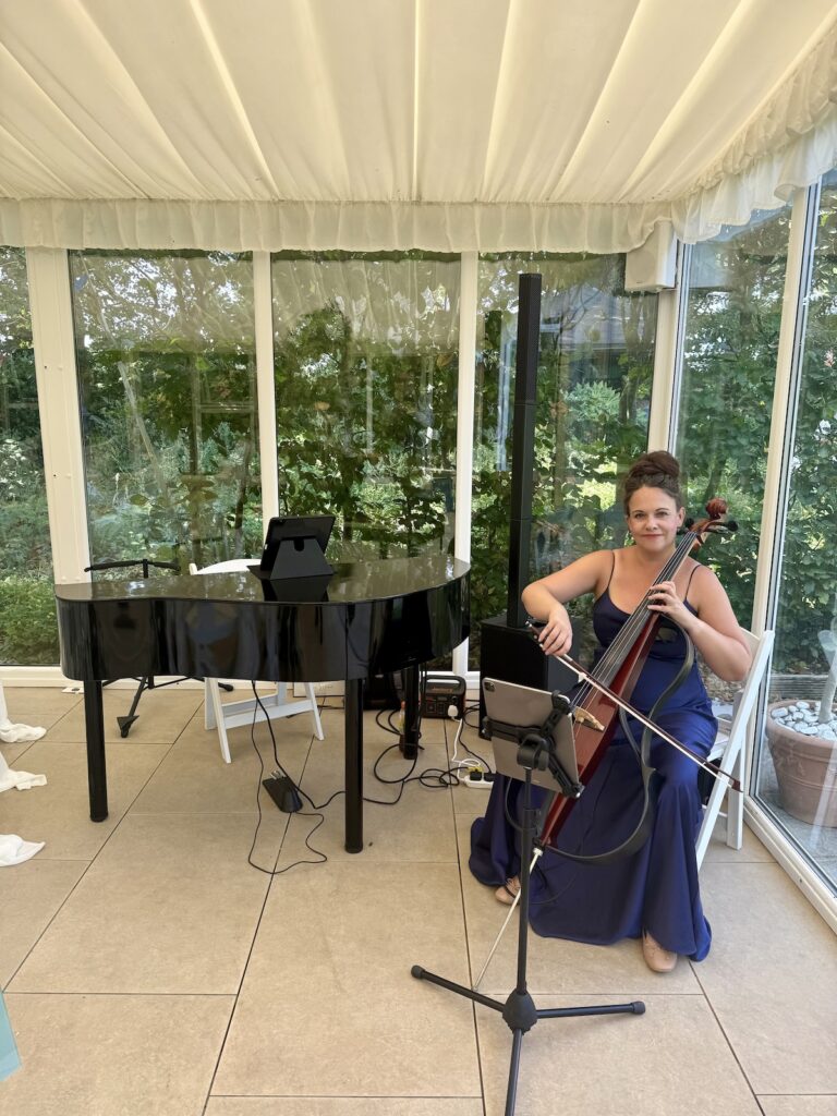 Wedding cellist with piano at Parley Manor in Bournemouth Dorset
