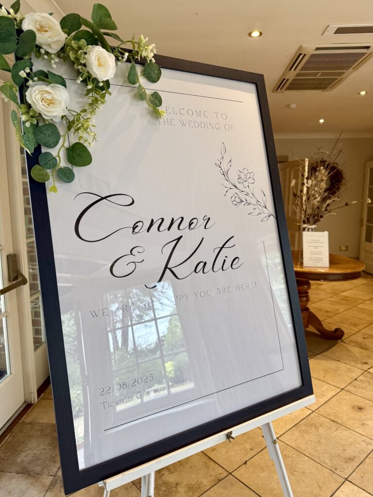Wedding welcome sign at Tickton Grange