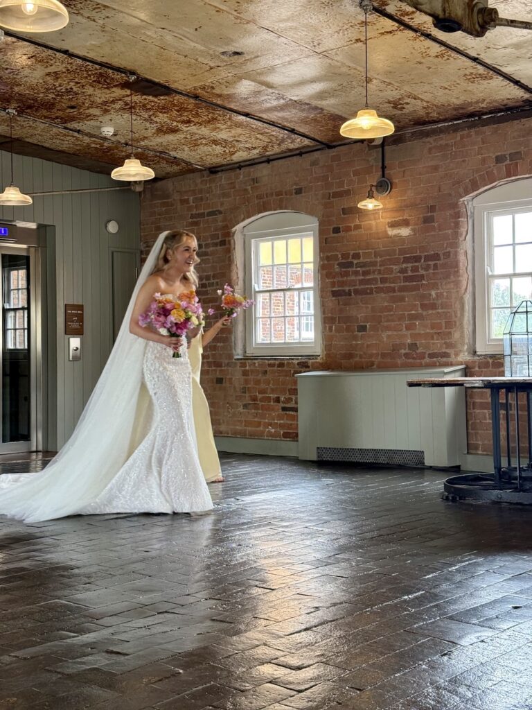 Bride ready for first look at the West Mill Wedding Venue in Derby