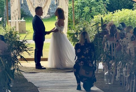 Wedding ceremony bride and groom outside at the Ash Barton Estate in North Devon