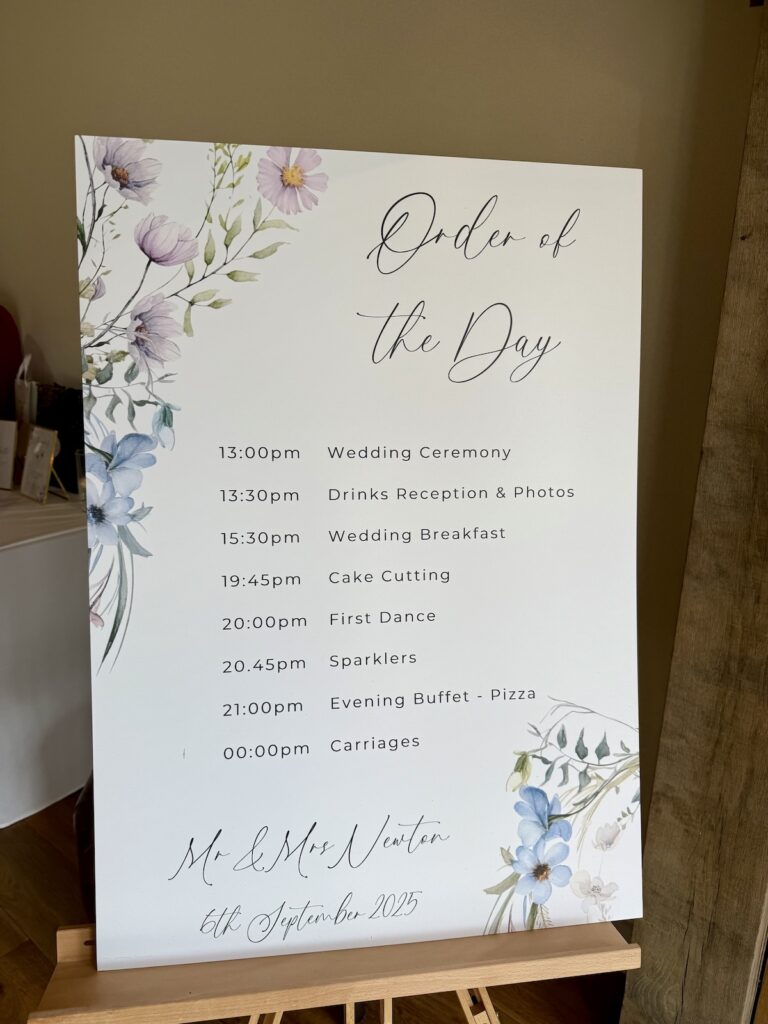 Order of the Day wedding sign at Bredenbury Court Barns