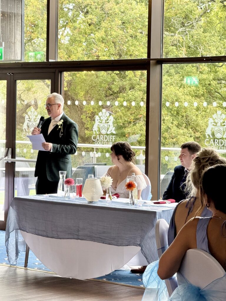 Father of the Bride giving a speech at Cardiff Golf Club in South Wales.