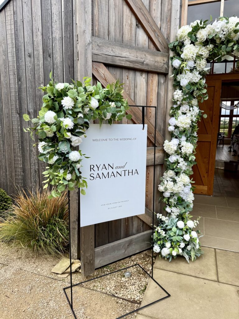 Wedding welcome sign at Hyde House in the Cotswolds