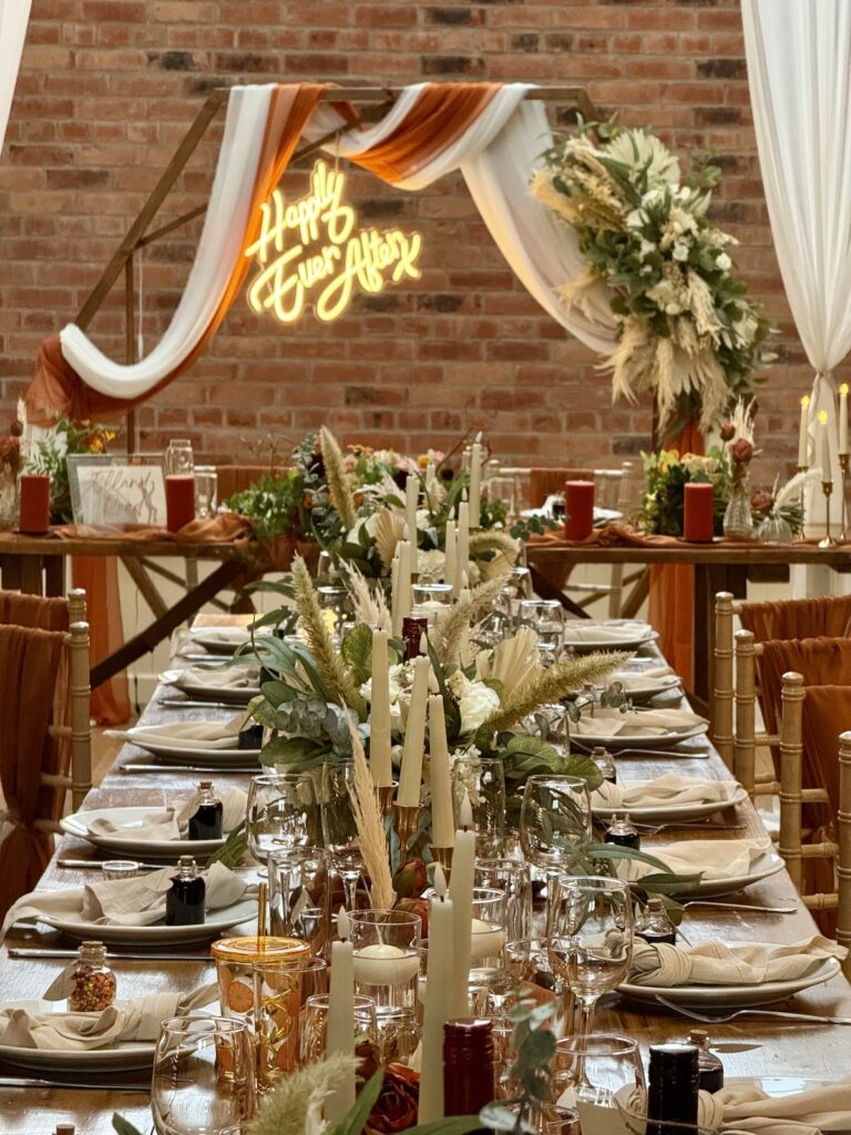 Wedding decor with tables for dinner at the Pheasantry Brewery near Newark in Nottinghamshire.