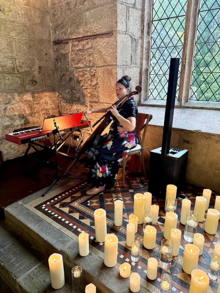 Anne Marie Cellist with cello and Nord stage piano at the Priests House in Skipton