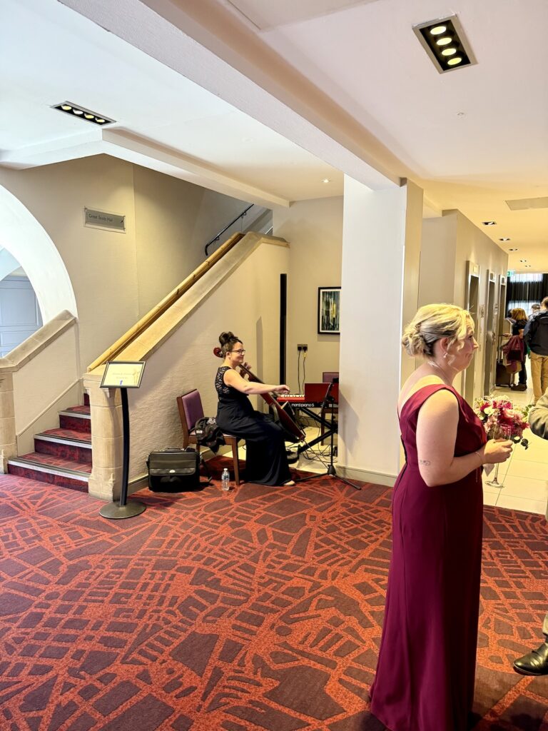 JAM Duo cello and piano in the drinks reception at the Radisson Blu in Edinburgh