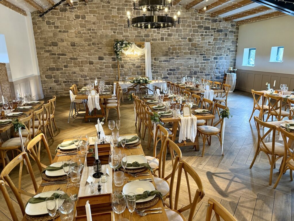 Wedding breakfast set up at Stretton Manor Barns