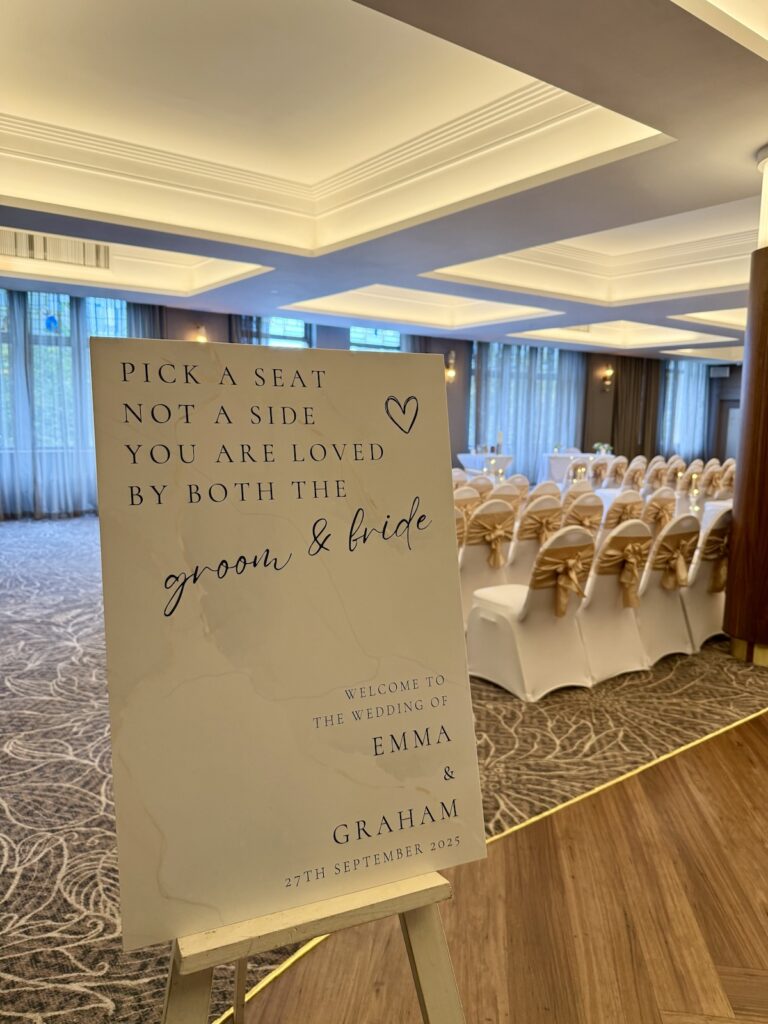 Wedding welcome sign at The Grand in Southport near Liverpool.