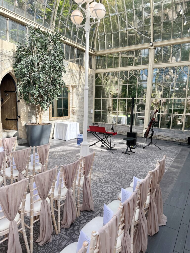 JAM Duo setup Cello and Piano at Tortworth Court in the Cotswolds and Gloucestershire.