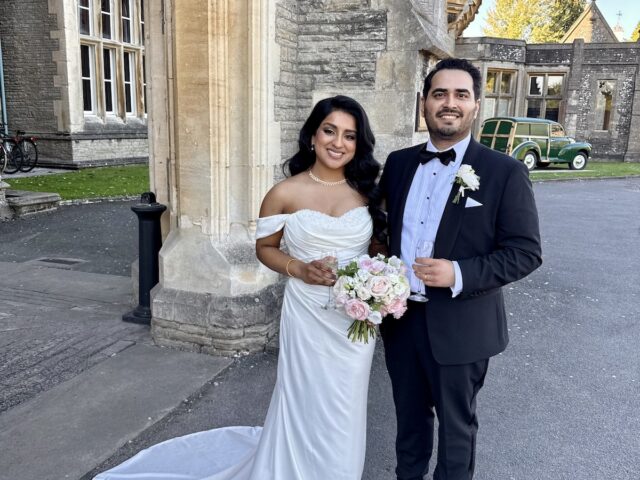 Bride and Groom outside the hotel at Tortworth Court in the Cotswolds and Gloucestershire.