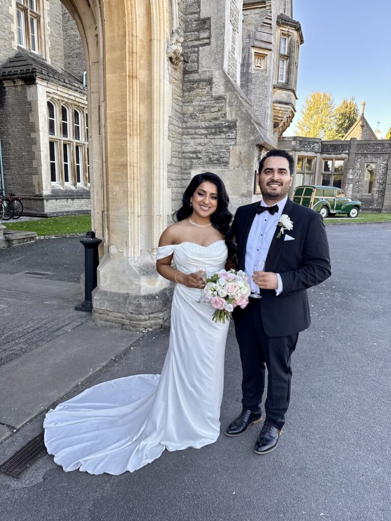 Bride and Groom outside the hotel at Tortworth Court in the Cotswolds and Gloucestershire.