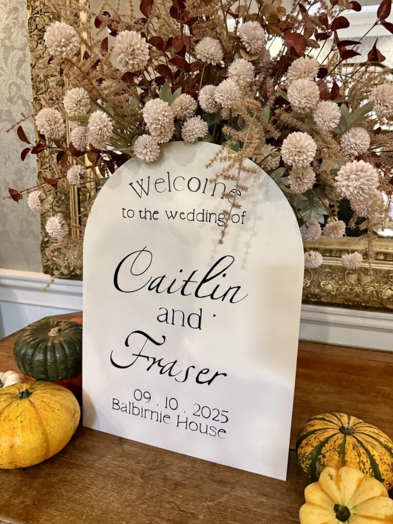 Welcome sign with pumpkins at Balbirnie House in Scotland