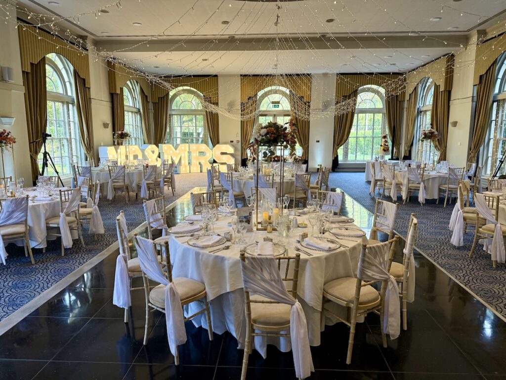 Wedding Meal setup in the ballroom at Balbirnie House in Scotland