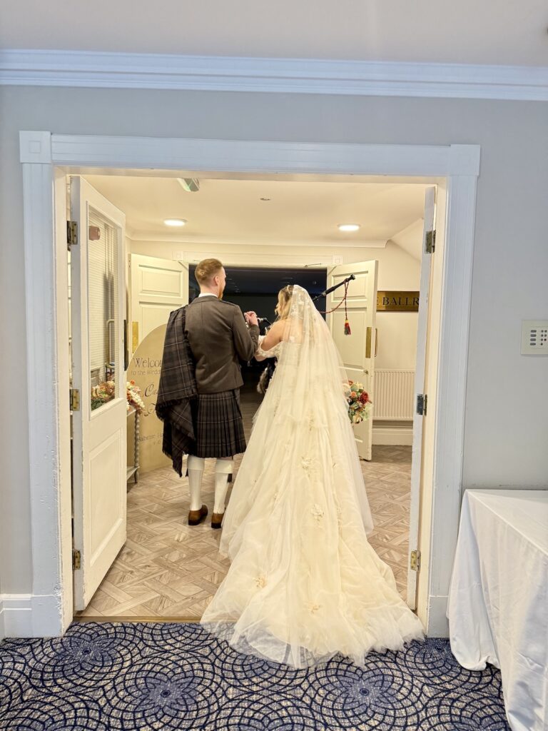 Bride and groom at Balbirnie House in Scotland