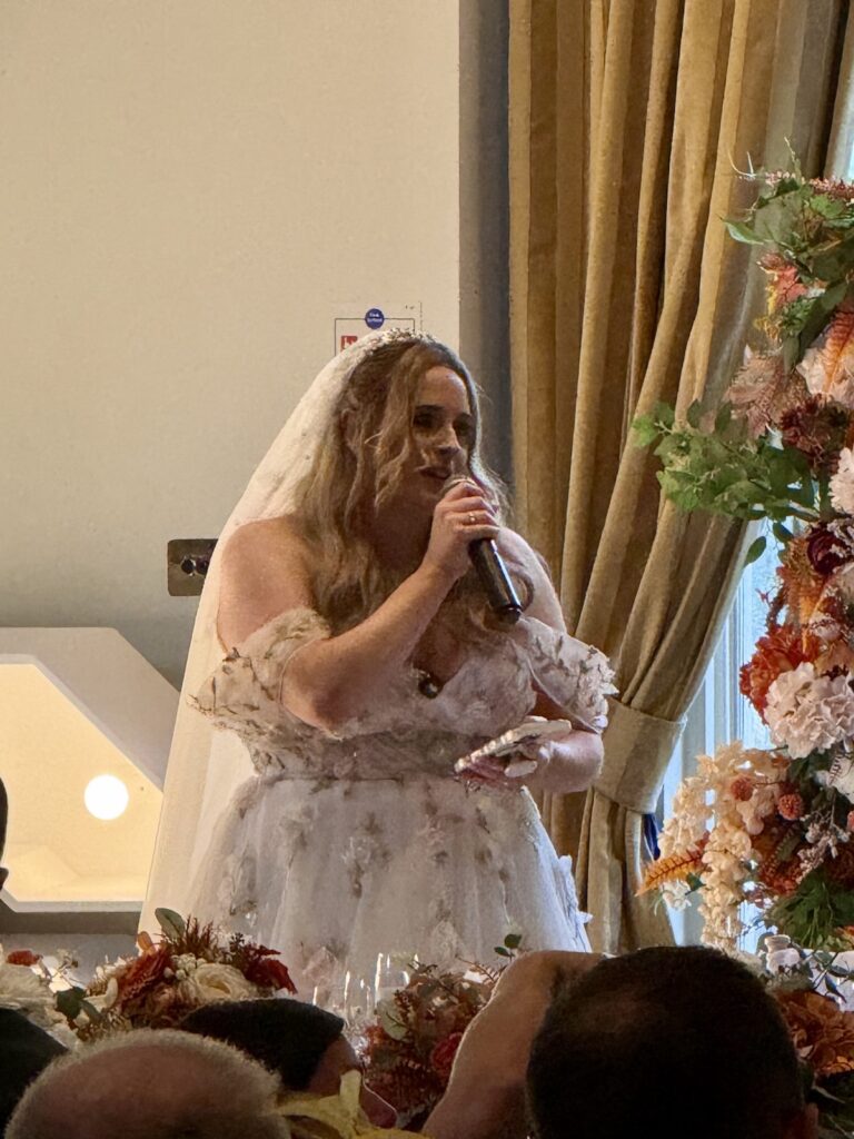 Bride giving a speech at Balbirnie House in Scotland