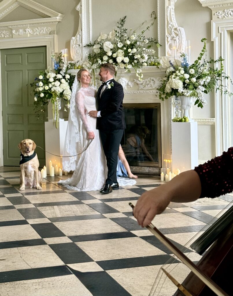 Beth and James plus cellist at Crowcombe Court in Somerset