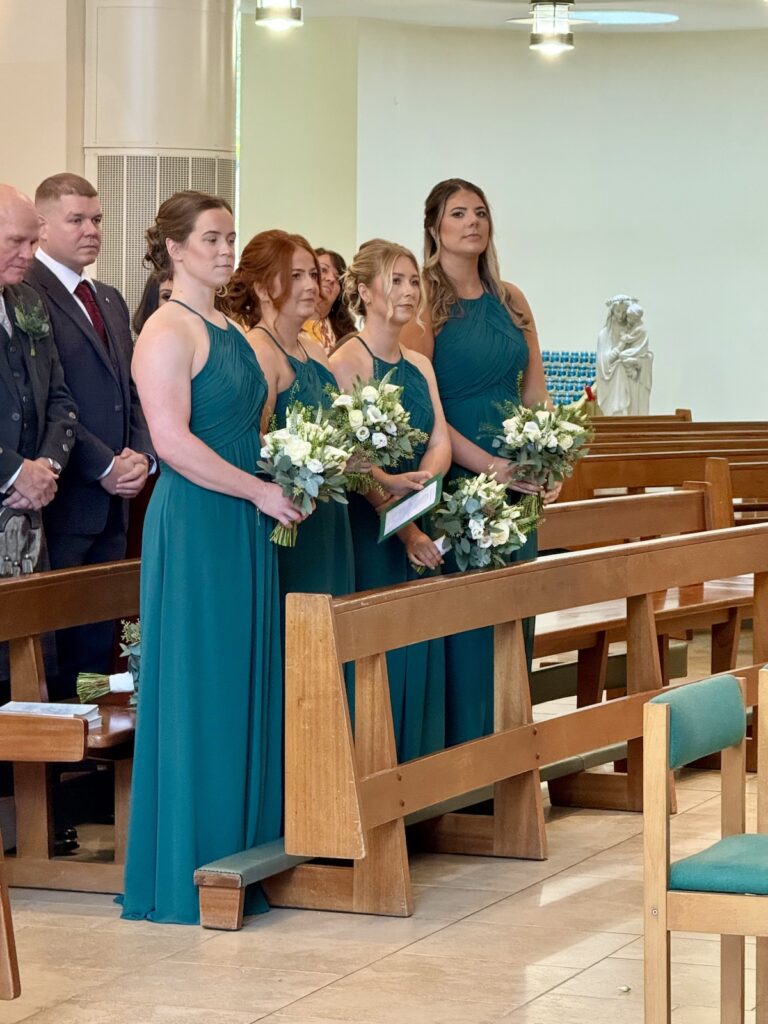 Bridesmaids in Green at St Joseph's RC Church in Clarkston, Glasgow, Scotland