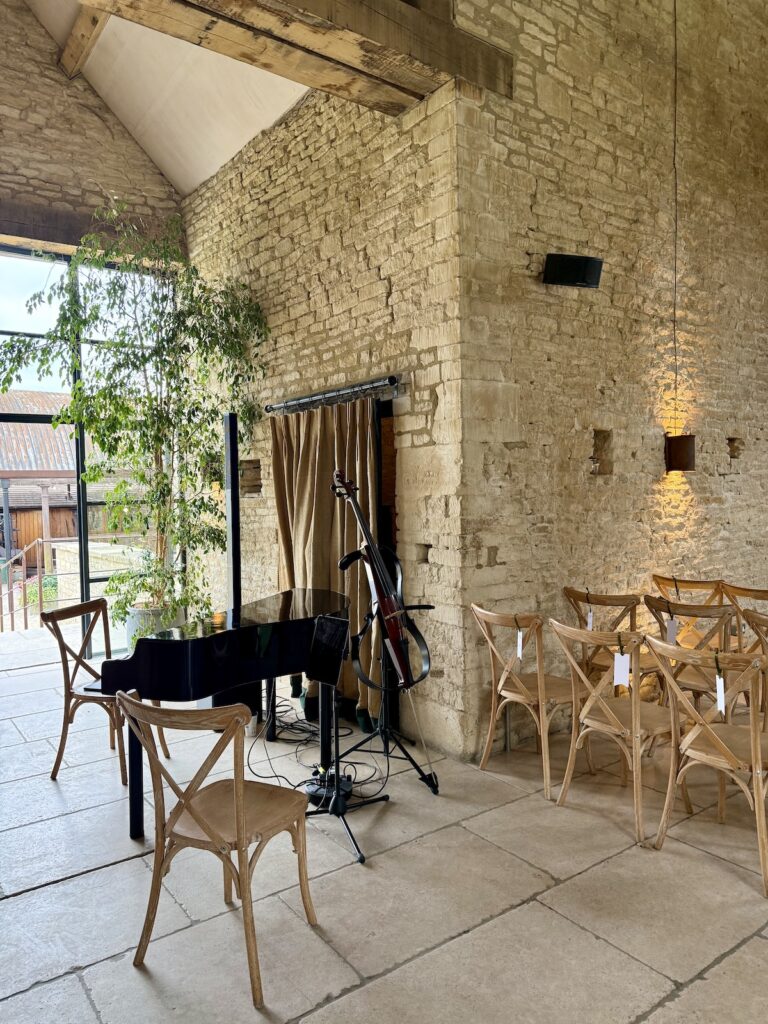 JAM Duo Grand Piano in Shell with Yamaha Electric Cello at Old Gore in Cirencester.