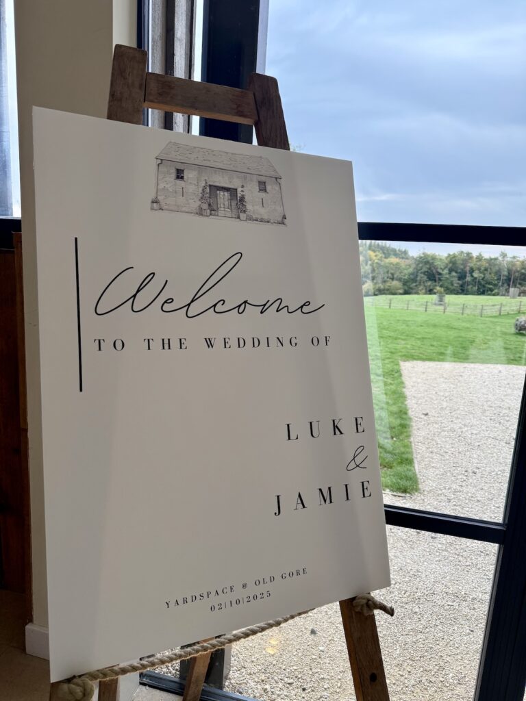 Welcome Sign Luke and Jamie at Old Gore in Cirencester.