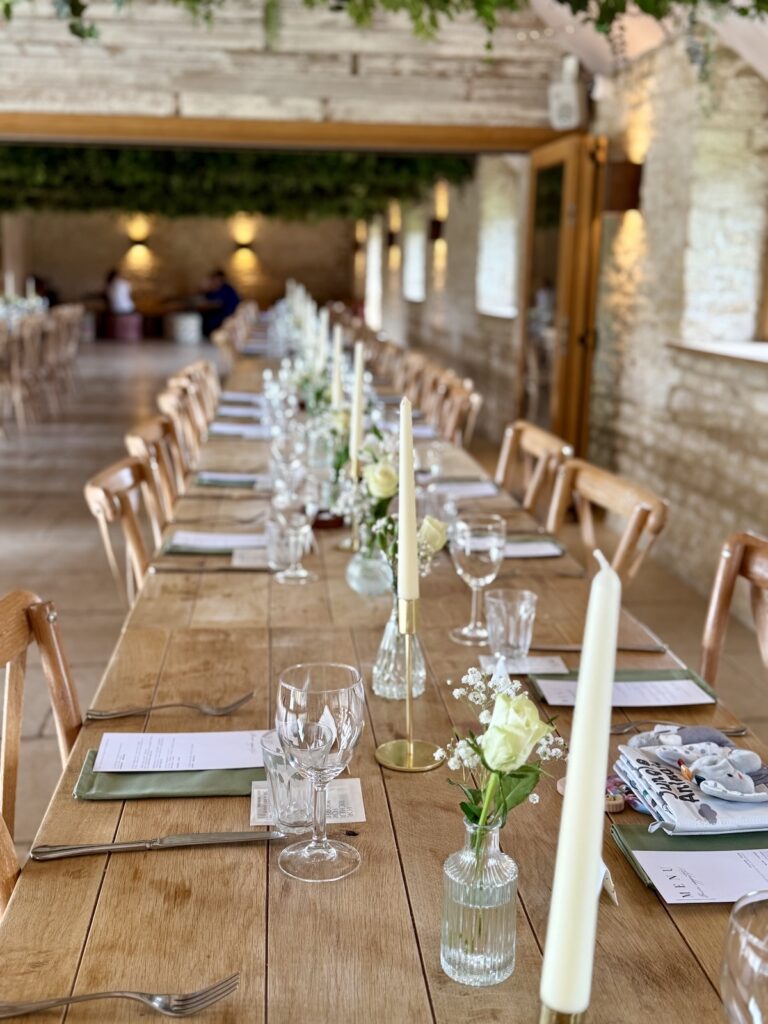 Wedding meal setup at Old Gore in Cirencester.