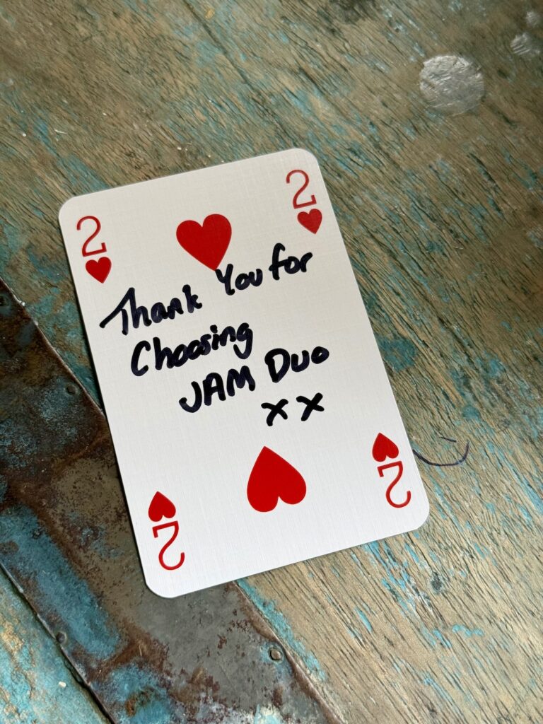 JAM Duo Thank you Card at Old Gore in Cirencester.