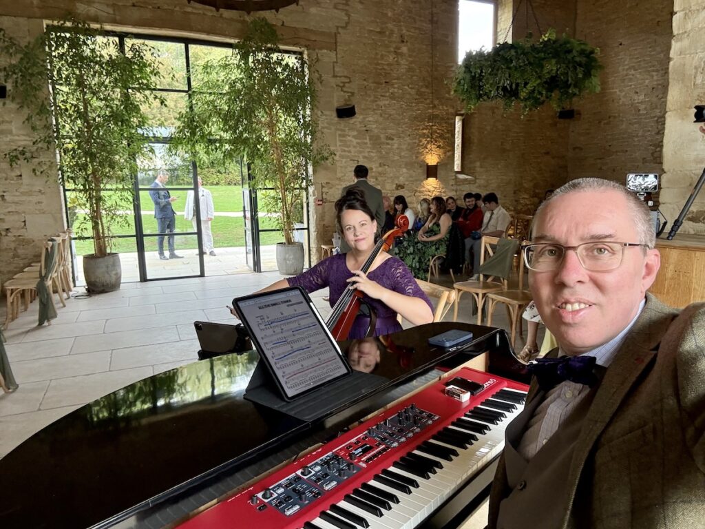 JAM Duo Cello and Piano Wedding musicians at Old Gore in Cirencester.