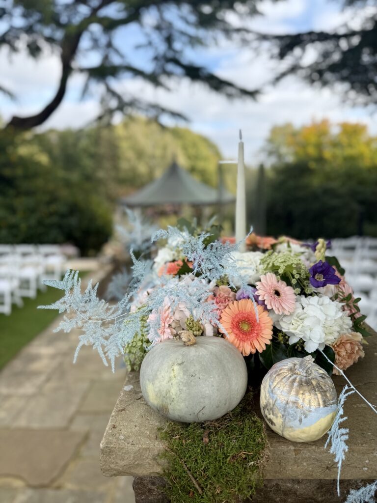 Pumpkin decorations for wedding at Pennyhill Park