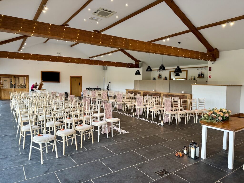 Ceremony room with JAM Duo setup at the back at Quantock Lakes in Somerset