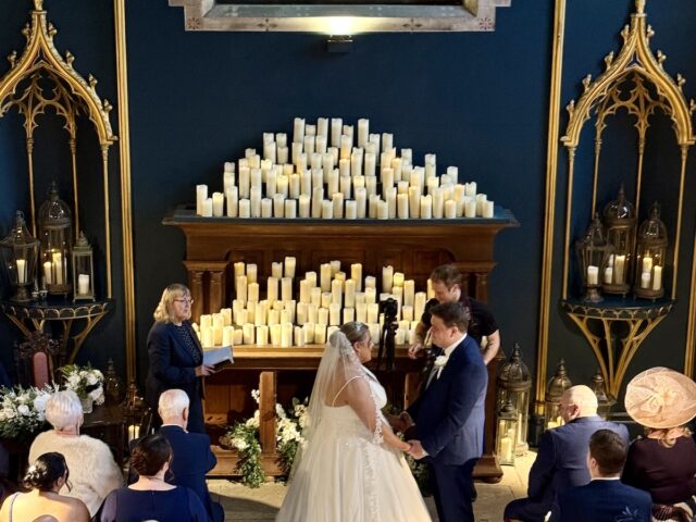 Bride and Groom in the Chapel for their wedding ceremony at Lartington Hall in Durham
