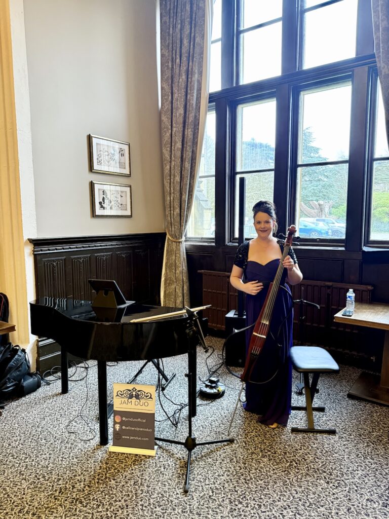 Live cello and piano drinks reception music at Tortworth Court