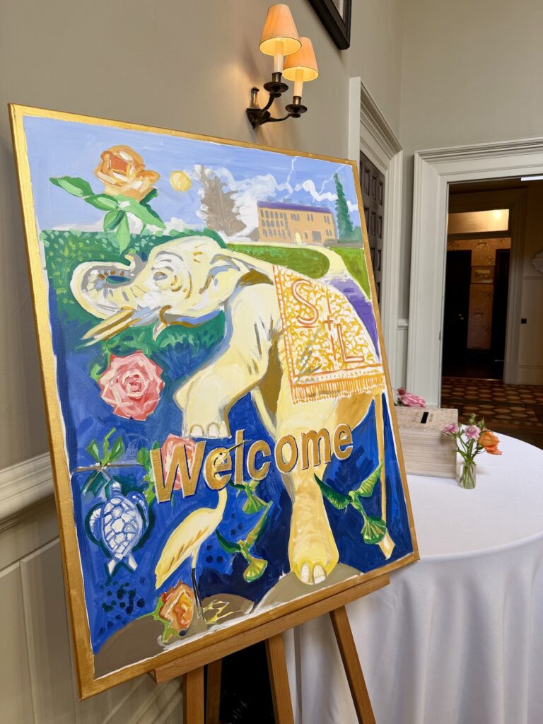Welcome sign with Indian Elephant at Elmore Court in Gloucestershire and the Cotswolds