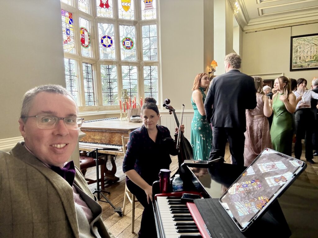 JAM Duo playing for a drinks reception at Elmore Court in Gloucestershire and the Cotswolds