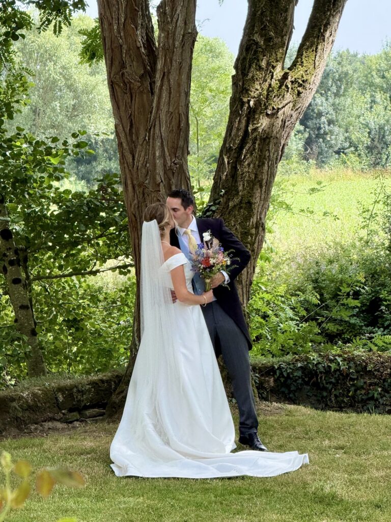 Bride and groom at Château de Chanzé following their destination wedding ceremony.