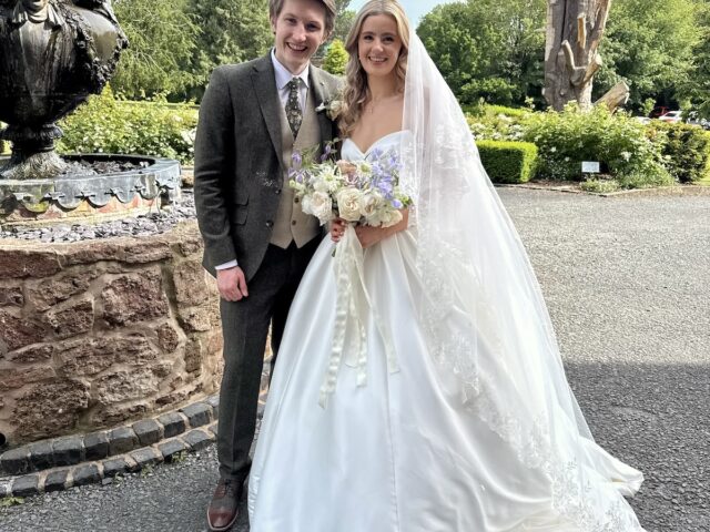 Bride and Groom at Rowton Castle with daytime wedding music by JAM Duo