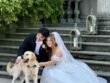 Wedding couple with labrador outside Davenport House Wedding Venue