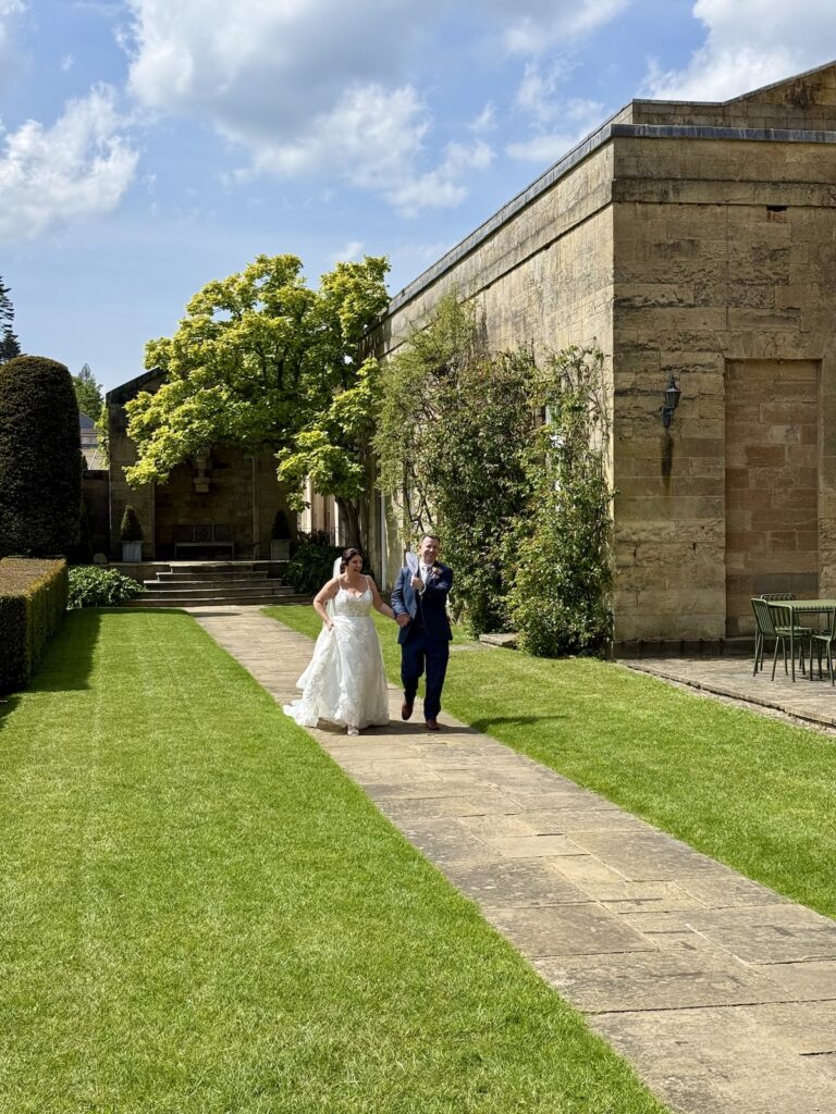 Bride and Groom in the gardens at Rudding Park Hotel near Harrogate