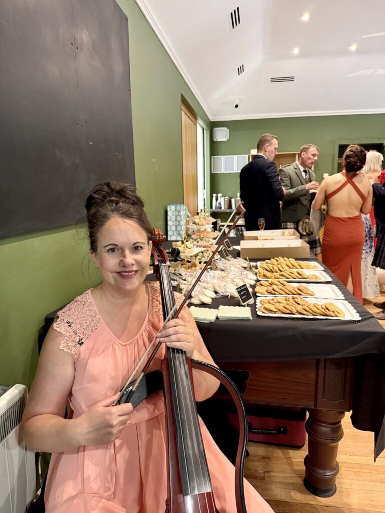Anne Marie cellist with music by JAM Duo at Strathpeffer Pavilion in Scotland