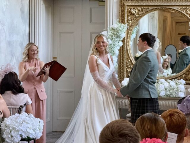 Bride and Groom indoor ceremony at Balbirnie House in Scotland with daytime music by JAM Duo