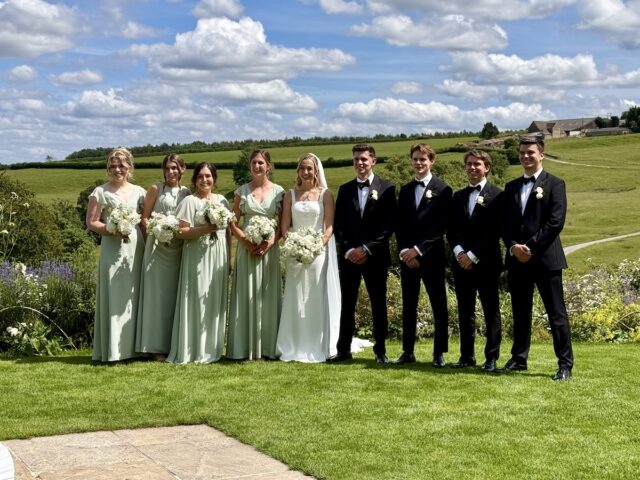 Bride with Bridesmaids and Groomsmen at Kingscote Barn in the Cotswolds with music by JAM Duo Cello and Piano