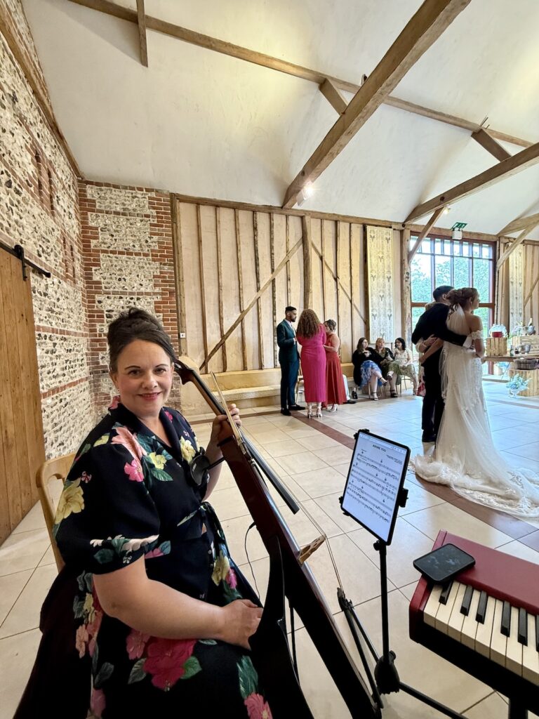 JAM Duo Cello and Piano Daytime Wedding Musicians at Upwaltham Barns in Sussex