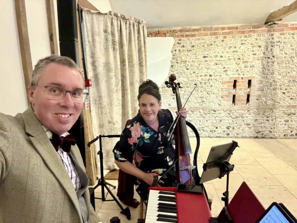 JAM Duo Cello and Piano Daytime Wedding Musicians at Upwaltham Barns in Sussex