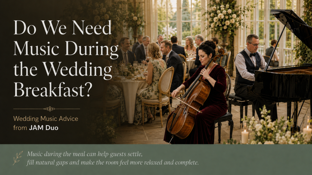 JAM Duo performing live cello and piano music during a wedding breakfast