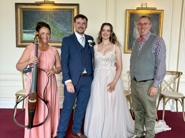 JAM Duo with Wedding couple at Port Lymne in Kent providing Day time wedding music with Piano and Cello